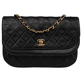 Chanel-Chanel piel de cordero acolchada 24Bolso con solapa y forro de media luna K Gold-Negro