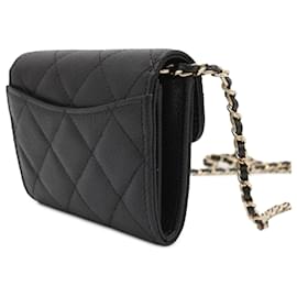 Chanel-Porta carte Chanel nero CC trapuntato con patta caviale su catena-Nero