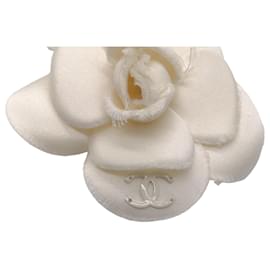 Chanel-Chanel Ivory CC Logo Silk Camellia Brooch-Cream