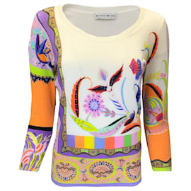 Etro-Etro Elfenbeinfarbener Pullover aus Seidenstrick mit Multi-Print-Mehrfarben