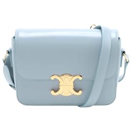 Céline-Triomphe Teen Shiny Calfskin Leather 2-Ways Flap Bag Pale Blue-Blue