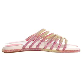 Rene Caovilla-René Caovilla Frida Strappy Flat Sandals in Pink Crystals-Pink
