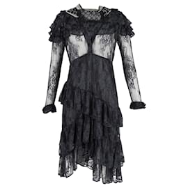 Autre Marque-Dodo Bar Or Tiered Embellished Lace Midi Dress in Black Silk-Black