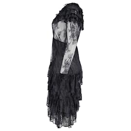 Autre Marque-Dodo Bar Or Tiered Embellished Lace Midi Dress in Black Silk-Black