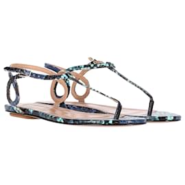 Aquazzura-Aquazzura T-Strap Sandals in Blue Snakeskin-Embossed Leather-Blue