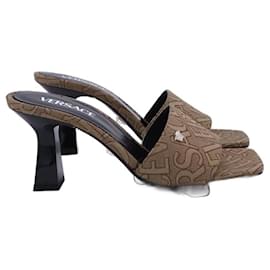 Versace-Versace All Over Logo Mules in Brown Canvas-Brown