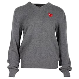 Comme Des Garcons-Comme Des Garçons Play Heart-Logo V-neck Sweater in Grey Wool-Grey