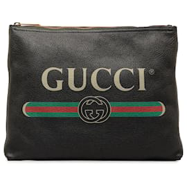 Gucci-Gucci Black Leather Gucci Logo Clutch Bag-Black