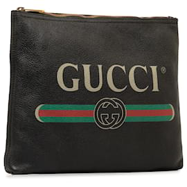Gucci-Gucci Black Leather Gucci Logo Clutch Bag-Black