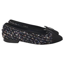 Chanel Sequin Satin Cap Toe Ballerina Flats in Black Tweed Black