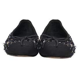 Chanel-Chanel Sapatilhas de bailarina com lantejoulas e cetim em tweed preto-Preto