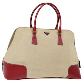 Prada-PRADA Hand Bag Canvas Beige Red Auth 71097-Red,Beige