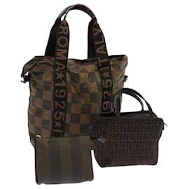 Fendi-FENDI Pequin Zucchino Pouch Hand Bag Coated Canvas 3Set Brown Auth bs13404-Brown