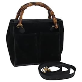 Gucci-GUCCI Bamboo Hand Bag Suede 2way Black 000 122 0316 auth 71504-Black