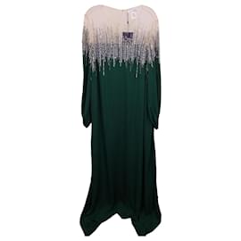 Oscar de la Renta-Oscar de la Renta Embellished Gown in Emerald Polyester Silk-Crepe and Tulle-Green