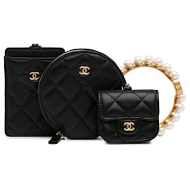 Chanel-Chanel Black Pearl Crown CC Wristlet Multi Pouches-Black