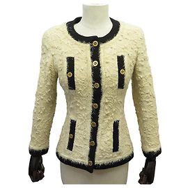 VINTAGE CHANEL TAILOR JACKET CC LOGO BUTTONS S 36 TWEED P03456 JACKET Cream