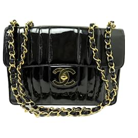 Chanel-VINTAGE CHANEL TIMELESS JUMBO HANDBAG BLACK PATENT LEATHER CROSSBODY BAG-Black