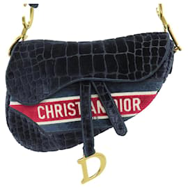 Christian Dior-NEUF SAC A MAIN CHRISTIAN DIOR SADDLE EN VELOURS FACON CROCO BLEU HAND BAG-Bleu Marine