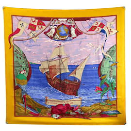 Hermès-HERMES SCARF CHRISTOPHE COLOMB DISCOVERS AMERICA BROCHED SILK SQUARE-Yellow