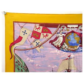 Hermès-HERMES SCARF CHRISTOPHE COLOMB DISCOVERS AMERICA BROCHED SILK SQUARE-Yellow