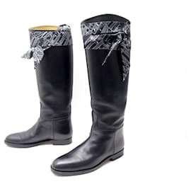 Hermès-HERMES SHOES JUMPING BOOTS 38 DIES AND HORE SILK RIBBON LEATHER BOOTS-Black