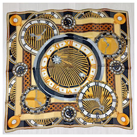 Cartier-Must de Cartier vintage silk scarf Nineties with clocks-Black,Yellow