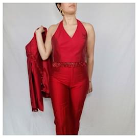 Escada-Tailleur pantalon en soie rouge Escada, Y2k costume femme-Rouge