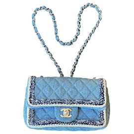 Chanel-Bolso de hombro clásico de solapa trenzada de mezclilla mini pequeño raro de Chanel 2019.-Azul,Azul claro