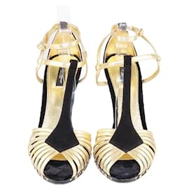 Dolce & Gabbana-Dolce & Gabbana Negro/Sandalias con tacón esculpido en forma de corazón dorado-Negro
