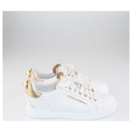 Dolce & Gabbana-Dolce & Gabbana White/Gold Pearl Embellished Low Top Sneakers-Golden