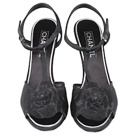 Chanel-Chanel Black Floral T Strap Sandals-Black
