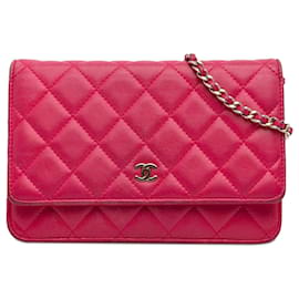 Chanel-Portafoglio classico Chanel in pelle di agnello con catena rosa-Rosa