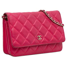Chanel-Chanel Klassische Lammleder-Geldbörse mit Kette in Rosa-Pink