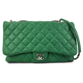 Chanel-Chanel Jumbo piel de cordero clásica 3 Solapa Compartimento Verde-Verde