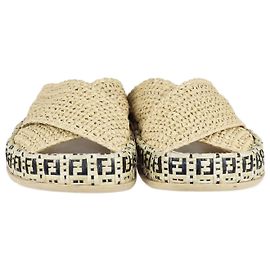 Fendi Natural Raffia Crisscross Flat Slides Other