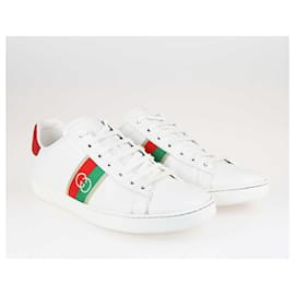 Gucci-Gucci White Embroidered Bee Ace Sneakers-Red