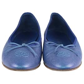 Chanel-Chanel Metallic Blue Cc Cap Toe Ballet Flats-Blue