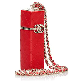 Chanel-Estojo de batom quadrado Chanel CC Lambskin em corrente vermelha-Vermelho