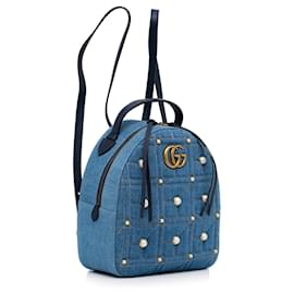 Gucci-Gucci Petit sac à dos en denim perlé GG Marmont Bleu-Bleu