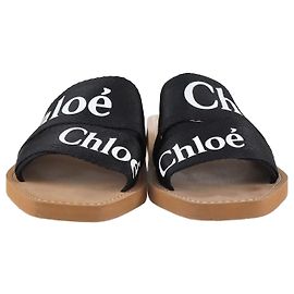 Chloé Chloe Black Embroidered Logo Woody Flat Slides Black