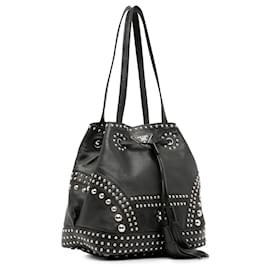 Prada-Prada Soft Calf Studded Bucket Bag Black-Black