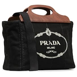 Prada-Prada Canapa Logo Umhängetasche mit Holzgriff Schwarz-Schwarz