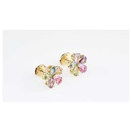 Bulgari-Bvlgari Colored Sapphire Diamond 18K Yellow Gold Flower Stud Earrings-Golden