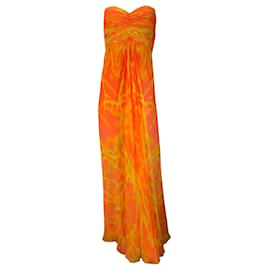 Autre Marque-Óscar de la Renta Naranja / Vestido de seda sin tirantes estampado amarillo / vestido formal-Naranja