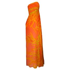 Autre Marque-Oscar de la Renta Laranja / Vestido de seda sem alças estampado amarelo / vestido formal-Laranja