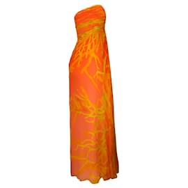 Autre Marque-Óscar de la Renta Naranja / Vestido de seda sin tirantes estampado amarillo / vestido formal-Naranja