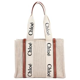 Chloé-CHLOE Bolsa média listrada amadeirada de couro de bezerro de algodão-Bege