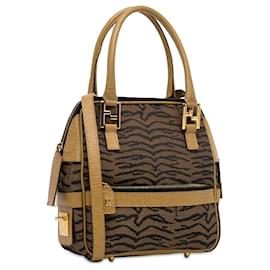 Fendi-Bolso satchel de lona con estampado de cebra marrón de Fendi-Castaño