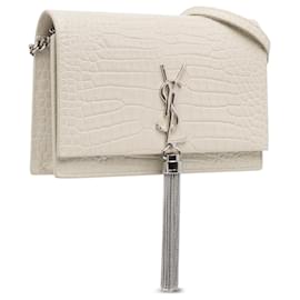 Saint Laurent-Cartera pequeña Kate blanca con borlas y cadena en relieve de Saint Laurent-Blanco